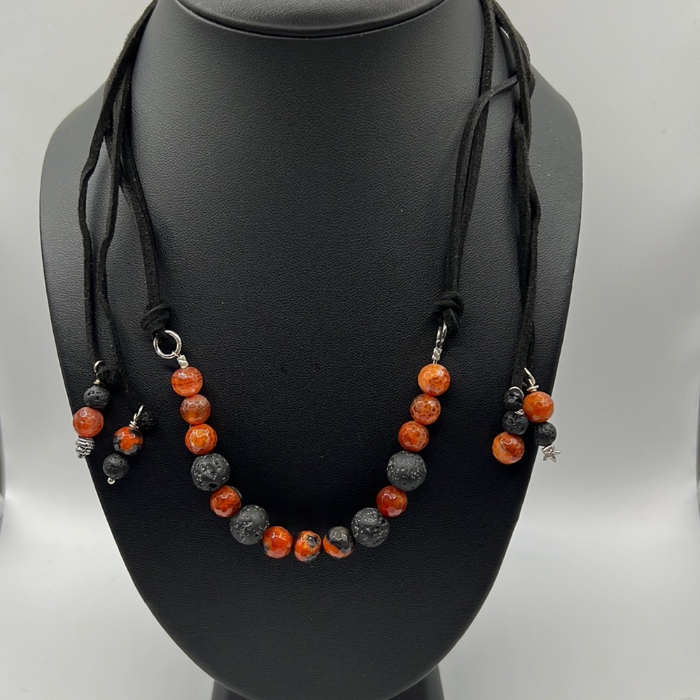FIRE AGATE, LAVA ROCK, AND BLACK SUEDE LARIAT NECKLACE 36”